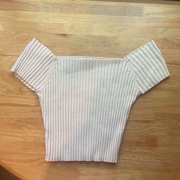 Cream Ribbed Off-Shoulder Crop Top - Picture 1 of 3